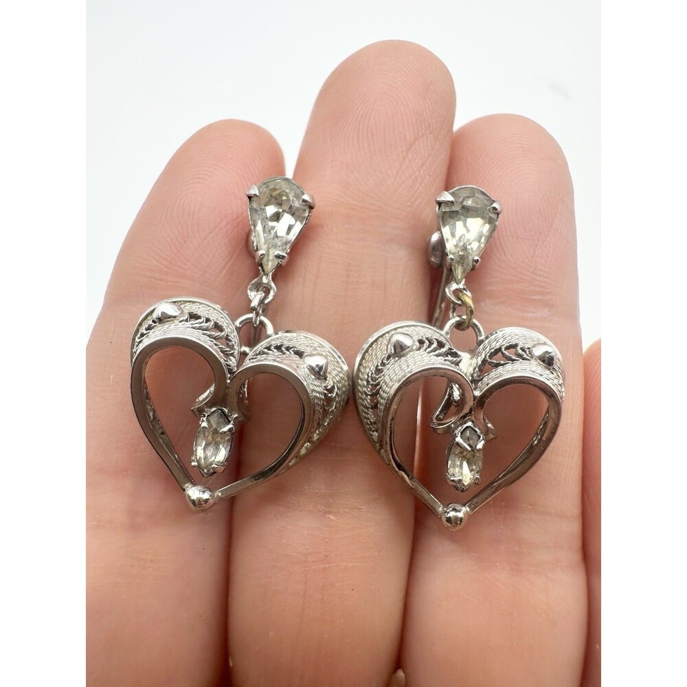 Vintage AM Lee Sterling Silver Crystal Dangle Filigree Heart Screw Back Earrings